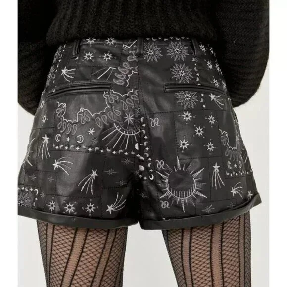 Free People shorts size 0 Raise The Stakes Black Faux Leather Embroidere… - Picture 5 of 8